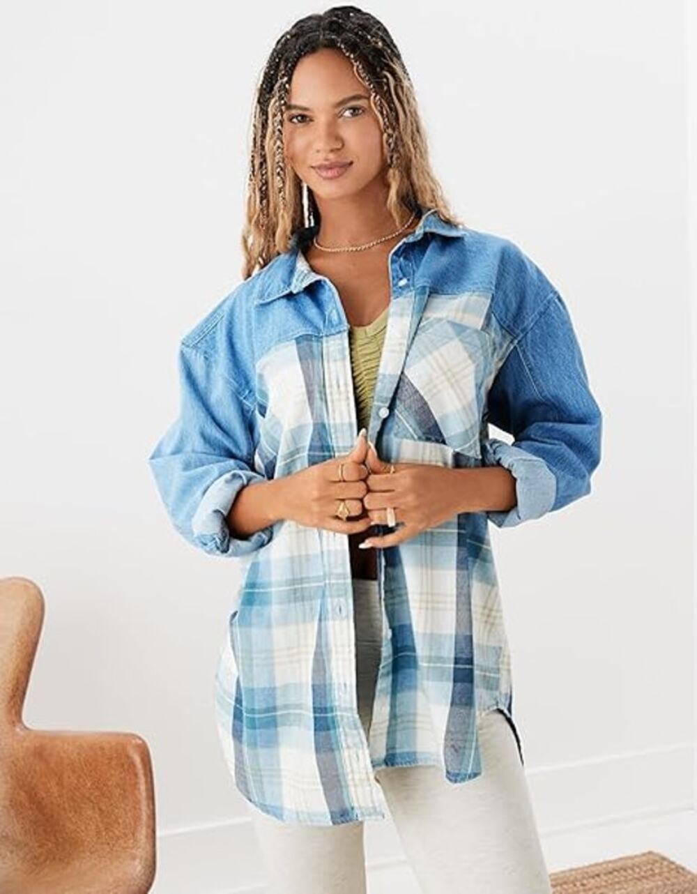 NWOT American Eagle Mix Denim Plaid Contrast Button Shirt Blue & Cream Size XS